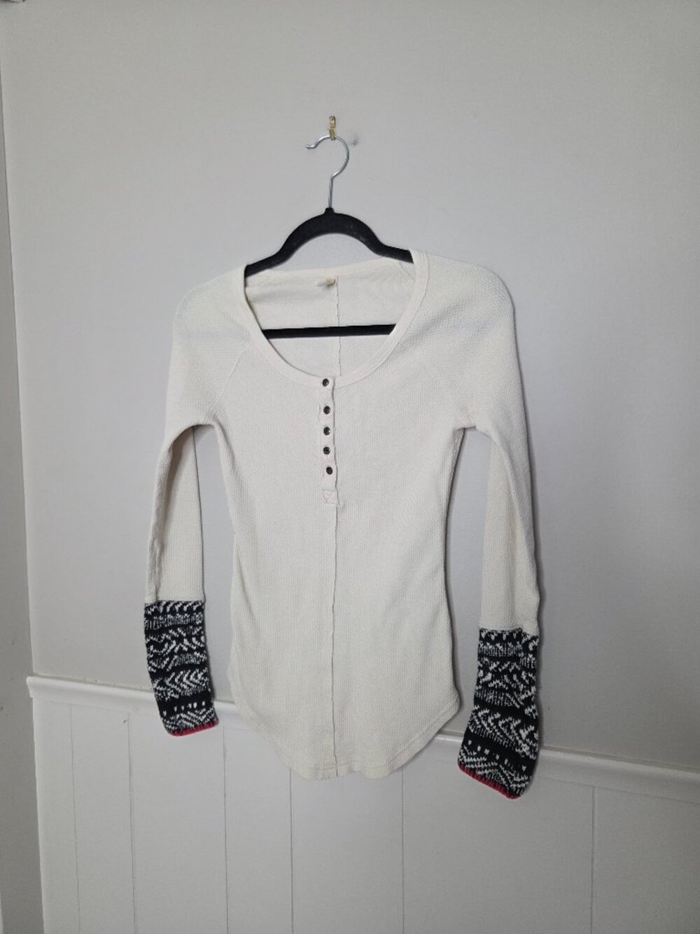 FREE PEOPLE White Thermal Knit Cuff Long Sleeve Raglan